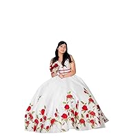 Red Flower Embroidered A line Wedding Dresses for Bride Deep V Neck Satin Prom Quince Dress 2024