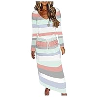 XJYIOEWT Linen Dress Women,Women Stripe Print Dress V-Neck Long Sleeve Loose Casual Pocket Dress Casual Comfy Dresses fo