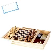 OMURA Games | Wooden 6 in 1 Game Set: Chess, Checkers, Backgammon, Dominoes, Playing Cards & Dice | Bonus: Multi-Purpose #10 Size Pouch (Color May Vary)