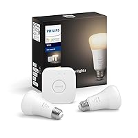 Hue 2-Pack White A19 Dimmable Smart Bulb Starter Kit with Hub (Voice Compatible with Amazon Alexa, Apple Homekit and Google Home), 9.5W