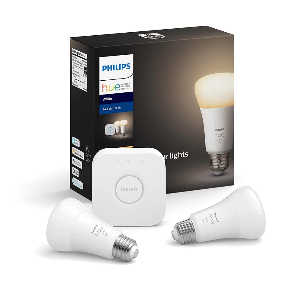 Philips Hue 2-Pack White A19 Dimmable Smart Bulb Starter Kit with Hub (Voice Compatible with Amazon Alexa, Apple Homekit and Google Home), 9.5W