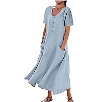 Pockets Maxi Sundress Womens Cotton Linen Dresses Summer Short Sleeved V Neck Swing Dress Loose Daily Dresses