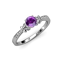 Round Amethyst Diamond 1 ctw Butterfly Womens Engagement Ring with Milgrain Work 14K Gold