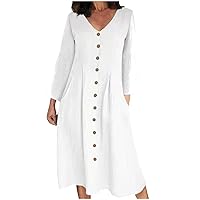 Womens Button Down Cotton Linen Empire Waist Dress Summer Trendy V Neck Short Sleeve Elegant Midi A-Line Dresses