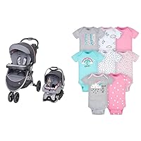 Baby Trend Sky View Plus Travel System, Bluebell & Gerber Baby 8-Pack Short Sleeve Onesies Bodysuits, Clouds, 0-3 Months
