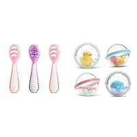 Munchkin Gentle Dip Multistage First Spoon Set for Baby Led Weaning, Self Feeding, Solids & Purees, 3 Pack and Float & Play Bubbles Baby and Toddler Bath Toy, 4 Count