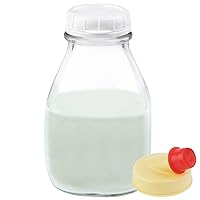 Kitchentoolz 16 Oz Glass Milk and Creamer Bottle with Caps - Perfect Milk Container for Refrigerator Storage - 16 Ounce Short and Wide Glass Milk Bottle with Lid and Pour Spout - Pack of 1