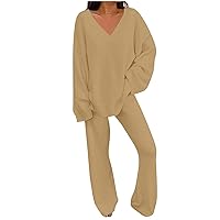 2 Piece Lounge Set Women Fleece Outfits Sweater Sets Long Sleeve V Neck Tops Wide Leg Pants Tracksuit Sets