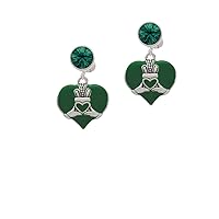 Silvertone Large 2-D Claddagh on Green Heart - Green Crystal Clip on Earrings