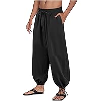 Men's Baggy Casual Pants Elastic Waist Drawstring Harem Pants Loose Fit Ankle Length Trousers Trendy Sweatpants
