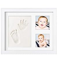 Baby Handprint, Footprint Ornament Keepsake Picture Frame, Newborn Bundle, 2 EASELS, 4 Ribbons & 3 Paint Tubes Clay Casting Kit Baby Shower Boy Girl, 11.1” x 9.09”, Clay & Picture Frame Kit