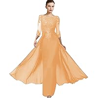 2023 Mother of The Bride Dress Elegant Jewel Neck Chiffon Lace 3/4 Sleeves Mermaid Wedding Guest Gown with Overskirt