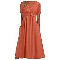 XJYIOEWT Milkmaid Sundress,Women Fashion Solid Short Sleeve Casual Loose Long Dress with Pockets Womens Summer Dresses