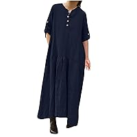 Plain Maxi Long Dress Women's Kaftan Cotton Linen 3/4 Sleeve Casaul Oversized Dress Button V Neck Loose Swing Dresses