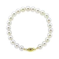 14K Yellow Gold 7.0-8.0mm White Freshwater Cultured Pearl Bracelet 7.0