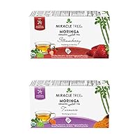Miracle Tree - Organic Moringa Superfood Tea, 2 Pack Bundle, 2x25 Individually Sealed Tea Bags (Strawberry, Turmeric)