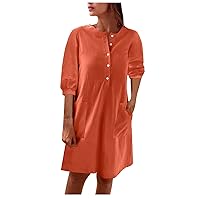 Women's Casual Summer T Shirt Dress Loose 3/4 Sleeve Button Down Tunic Dress Linen Dresses with Pockets for Women