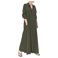 Casual Beach Dress for Women Basic Loose Fit Long Sleeve Button Up Maxi Shirt Dress with Pockets