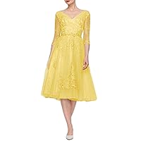 A-Line Elegant Mother of The Bride Dress V Neck 3/4 Length Sleeve Tea Length Wedding Guest Dress Party Dress 2024