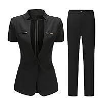 YUNCLOS Women's 2 Piece Business Office Suit Set One Button Short Sleeve Blazer Jacket and Suit Pants