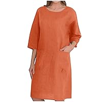 Womens 2023 Summer Casual Loose Round Neck Solid Color Cotton Linen Half Sleeve Plus Size Tunic Dress with Pockets
