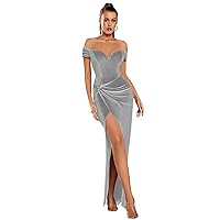Off Shoulder Velvet Prom Dress for Women Side Slit Mermaid Formal Party Gown V Neck Maxi Dress EV1114
