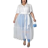 Sunlips Women's Sexy Plus Size Lapel Shirt Dresses Mesh See Through Puff Short Sleeve Flowy Swing Dress Clubwear