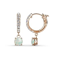 Round Opal & Diamond 0.98 ctw Women Dangle Huggie Hoop Earrings 14K Gold