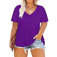RITERA Plus Size Tops for Women Summer T Shirts V Neck Short Sleeve Casual Loose Basic Tee Tops with Front Pocket Purple 3XL 22W 24W