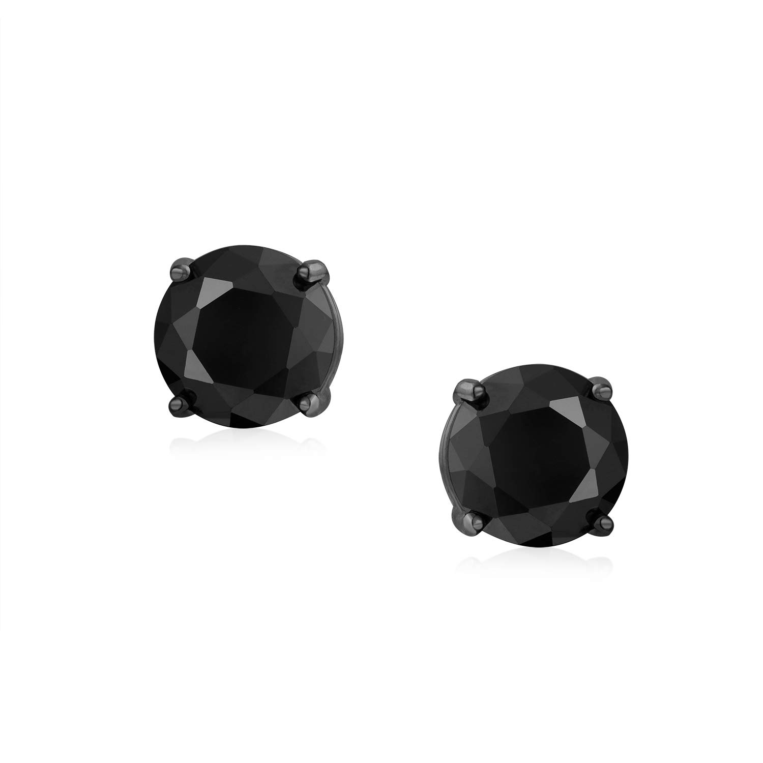 Black Round Solitaire Cubic Zirconia Stud Earrings For Men Women CZ Screw back Black Plated Sterling Silver 5 6 7 8 9 MM