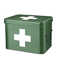 Flexzion First Aid Box Organizer, Empty 8.5 Inch Green Vintage First Aid Kit Tin Metal Medical Box First Aid Storage Box Container Bins with Dividers, Removable Tray and Cross Logo