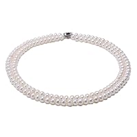 JYX Pearl Double Strand Necklace Classic 7mm Flat Round White Freshwater Cultured Pearl Necklace for Women 20