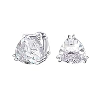 Traditional Classic Large Statement 6CT Triangle Trillion Cut AAA CZ Solitaire Clip On Stud Earrings For Women Silver Plated Non Pierced Simulated Gemstone Jewel Colors 12MM