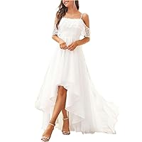Boho Wedding Dress A-Line Off Shoulder Short Sleeve Asymmetrical Lace Bridal Gowns with Lace Draping 2024