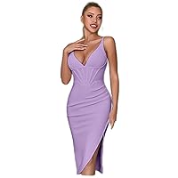 Dresses for Women -Neck Split Thigh Backless Bodycon Date Night Party Cami Bandage Dress (Color : Lilac Purple, Size : Medium)