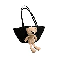 Cotton Beach Bags for Women with Bear Doll Large Shoulder Tote with Zipper Women's Tote Handbag for Travel Daily Work