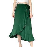 IDOPIP Women Irregular High-Low Hem Wrap Skirt Elegant High Waist Tie Side Midi Skirt Casual Summer Beach Ruffle A-line Skirt