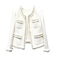 White Tweed Women's Jacket - Hand-Made Beads Spring/Autumn/Winter Coat
