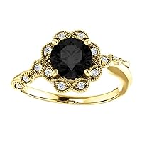 Vintage 1 CT Round Floral Black Diamond Engagement Ring 10K Yellow Gold, Antique Flower Natural Black Diamond Ring, Victorian Floral Black Diamond Ring