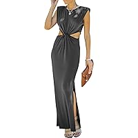 Prinbara Womens Side Cutout Padded Shoulder Summer Long Bodycon Dress Sleeveless Slit Club Party Maxi Dresses