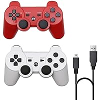 2 Pack PS3 Wireless Controller Playstation 3 Controller Wireless Bluetooth Gamepad with USB Charger Cable for PS3 Console (Red+White)