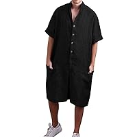 Mens Oversized Jumpsuits Summer Short Sleeve Cotton Linen Button Down Wide Leg Overall Rompers One Piece Playsuit