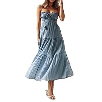 Womens Summer Spaghetti Strap Long Dress Boho Low Cut Dress Backless Bodycon Midi Dress Bohemian Maxi Dress Beachwear