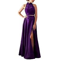 VeraQueen Women's Halter Two Piece Prom Evening Dress A Line Lace Applique Pageant Dresses Purple