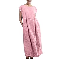 Plus Size Womens Cotton Linen Basic A-Line Dresses Summer Cap Sleeve Crew Neck Casual Loose High Waist Maxi Dress