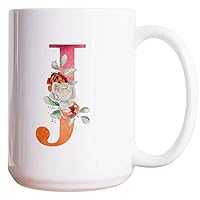 Monogram Letter J Coffee Mug Watercolor Pink Letter Rose Flower Funny Coffee Mugs Inspired Monogram Ceramic White Mugs Drinking Cups with Handle Unique Gifts For Espresso Latte Milk Tea 15oz