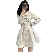 Autumn Winter White Woolen Bow Collar Mini Dress Women Dress Birthday Dress