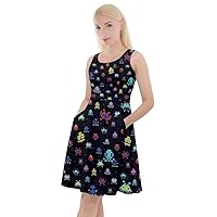 CowCow Womens Unique Digital Printed Maze Cartoon Pixelated Fun Knee Length Skater Dress with Pockets, XS-5XL