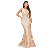 V Neck Satin Bridesmaid Dresses Mermaid Prom Dresses Ruched Formal Evening Party Gown