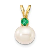14k Gold 6 7mm White Round Freshwater Cultured Pearl Emerald Pendant Necklaces Jewelry Gifts for Women
